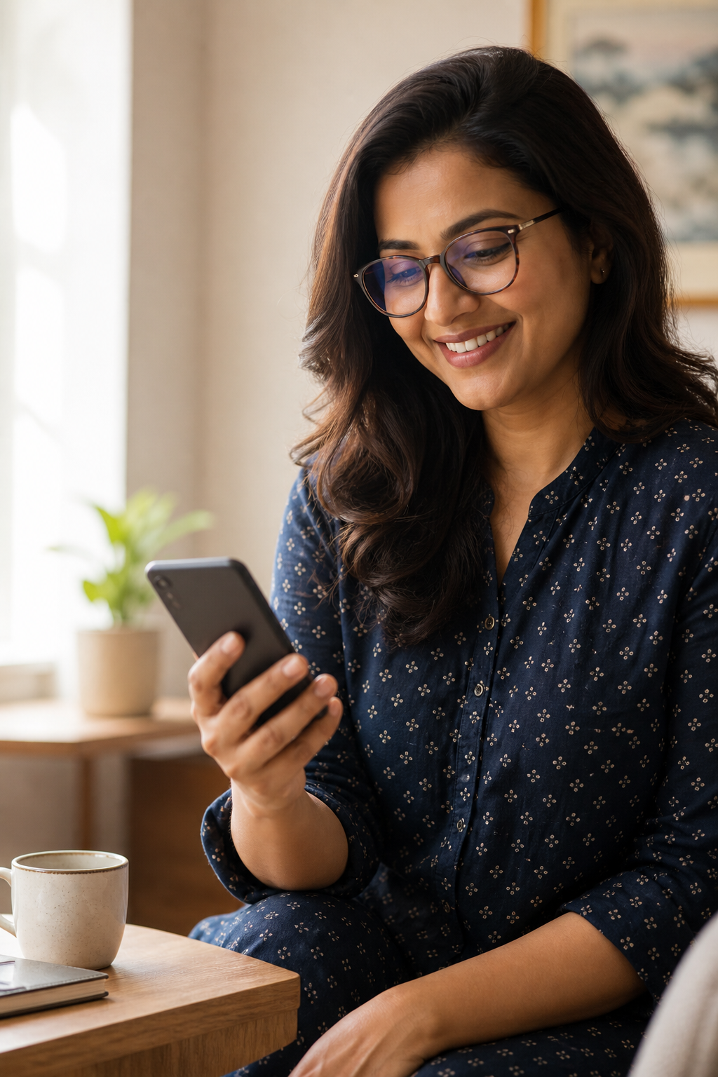 Customer looking at WhatsApp messages on her phone