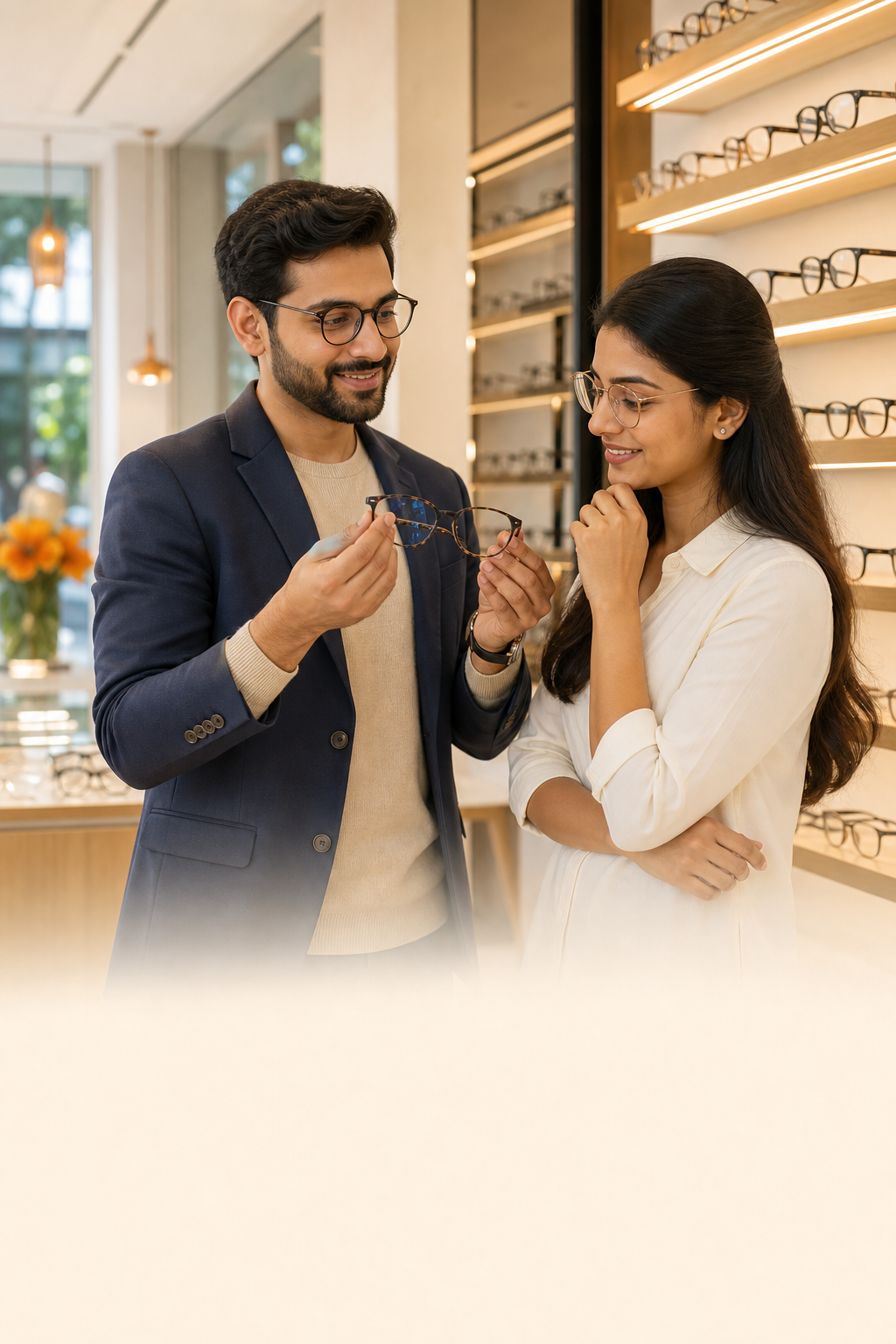 An optician helping a customer choose frames
