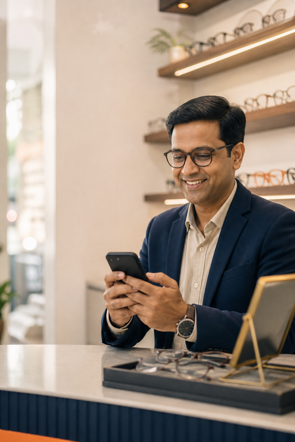 Optical store owner connecting with a customer